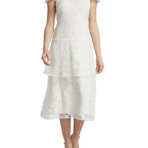 ML Monique Lhuillier Lace Cap-Sleeve Midi-Dress